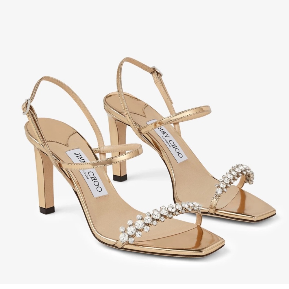 Jimmy Choo Meira 85 Gold Leather Sandals with Crystal Embellishment, like new - Picture 11 of 14